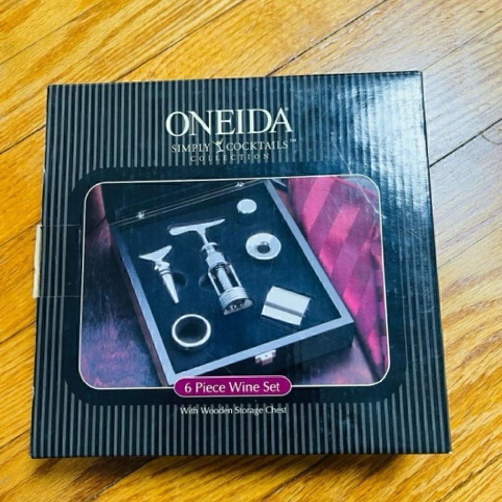 Oneida Simply Cocktails Collection 6 piece wine set w/wood storage box chest new